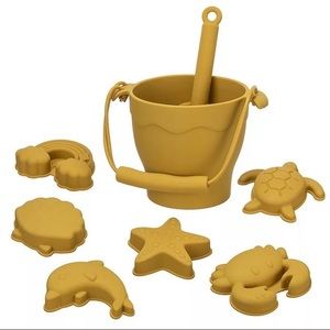 Mustard Yellow Silicone Sand Toys Beach Bucket Shovel 6 Molds BPA Free NEW